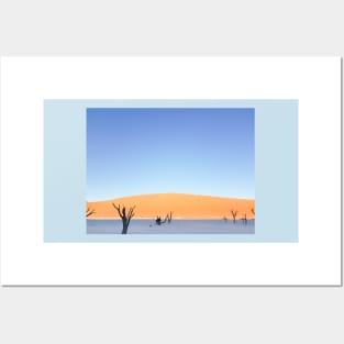 Sossusvlei dunes  landscape at Dead Vlei old trees, orange dunes dead tree and tourist in silhouette on salt pan Posters and Art